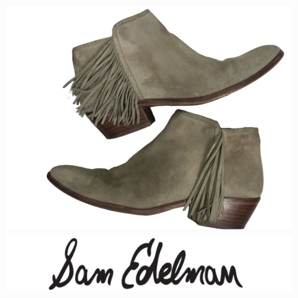 NEW Sam Edelman Olive Suede Leather Boot Booties Heel Fringe Tassel Westen